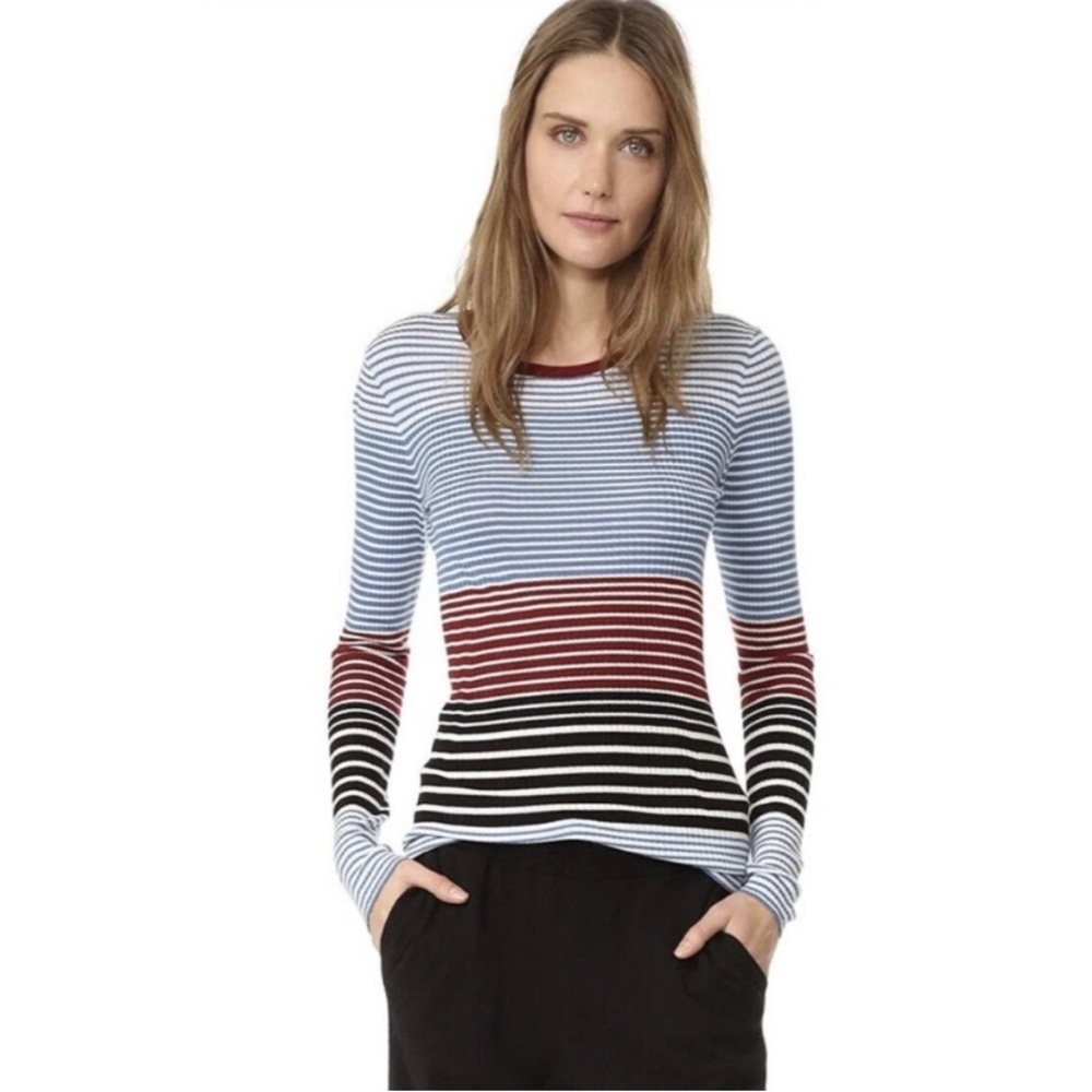 Theory Striped Crewneck Sweater in Light Blue, Burgundy & Black